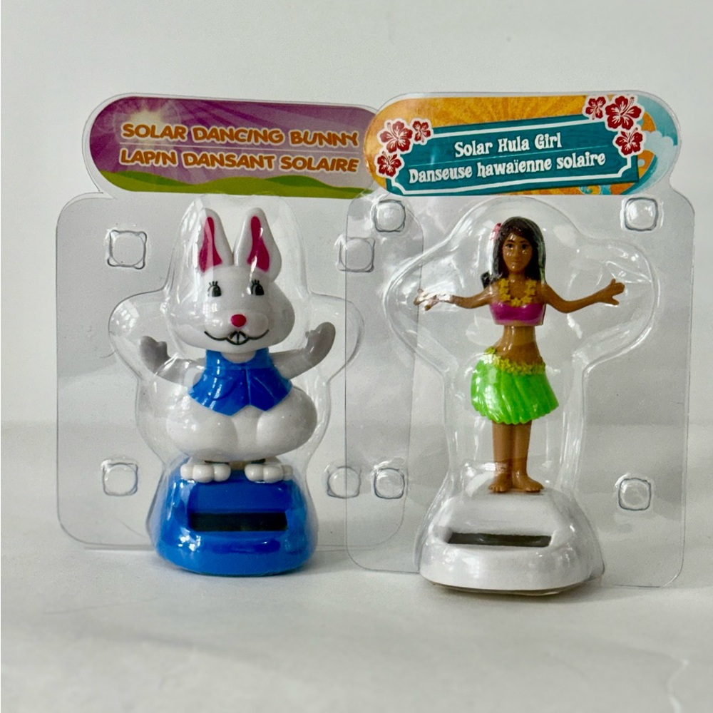 2 Solar Powered Dancing Bobbles White Rabbit & Hula Girl New